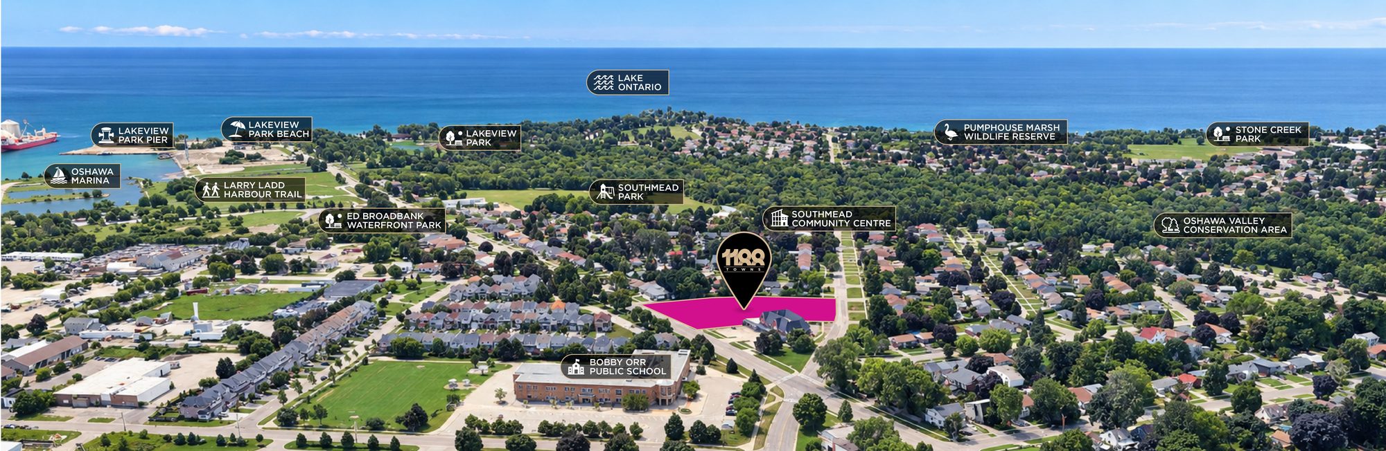 Aerial view of the established Oshawa neighbourhood around 1188 Towns, with Lake Ontario beyond