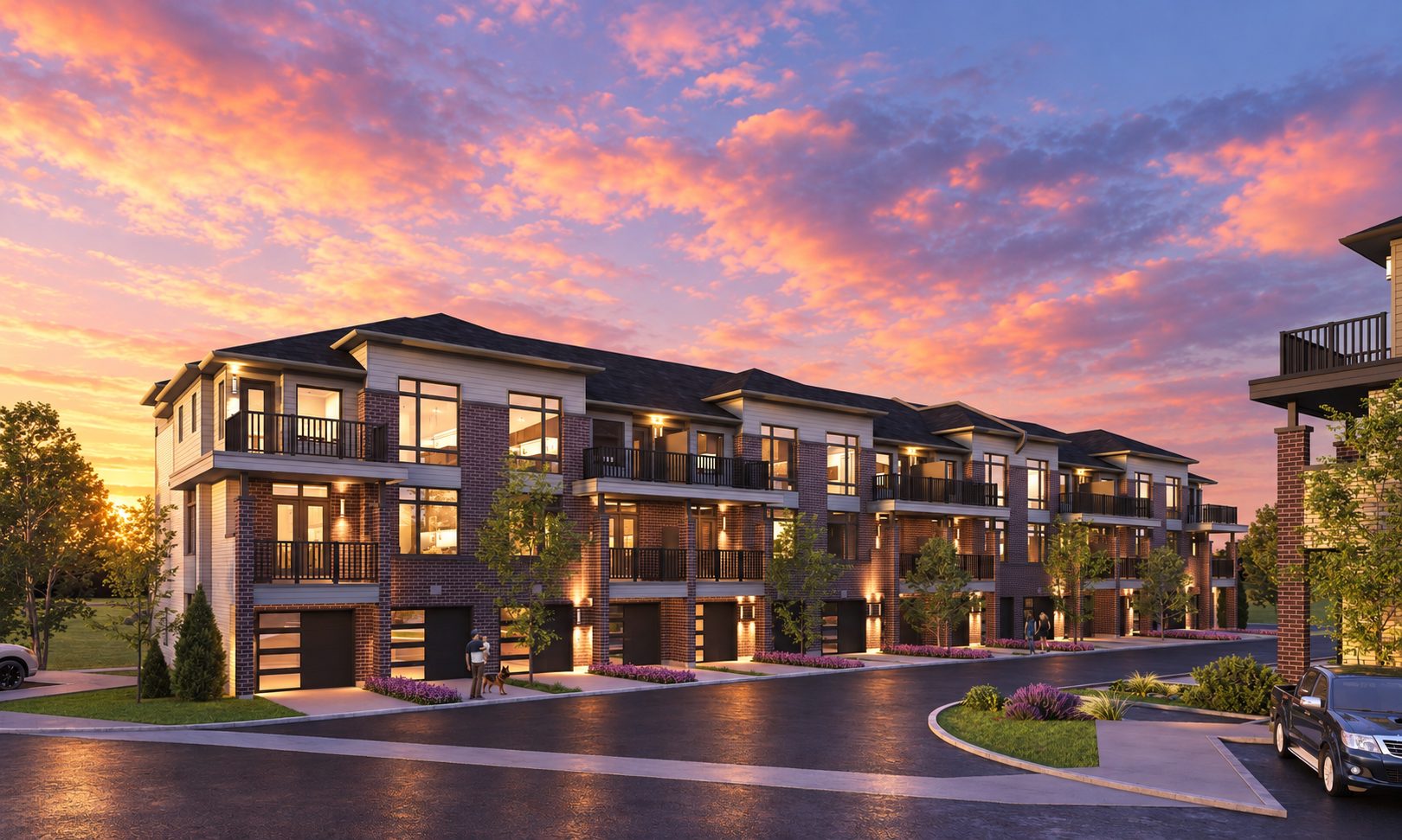 The lit frontage of 1188 Towns in the evening
