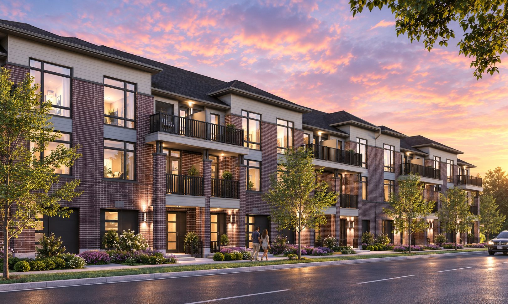 Elevated view across the 1188 Towns community at sunset